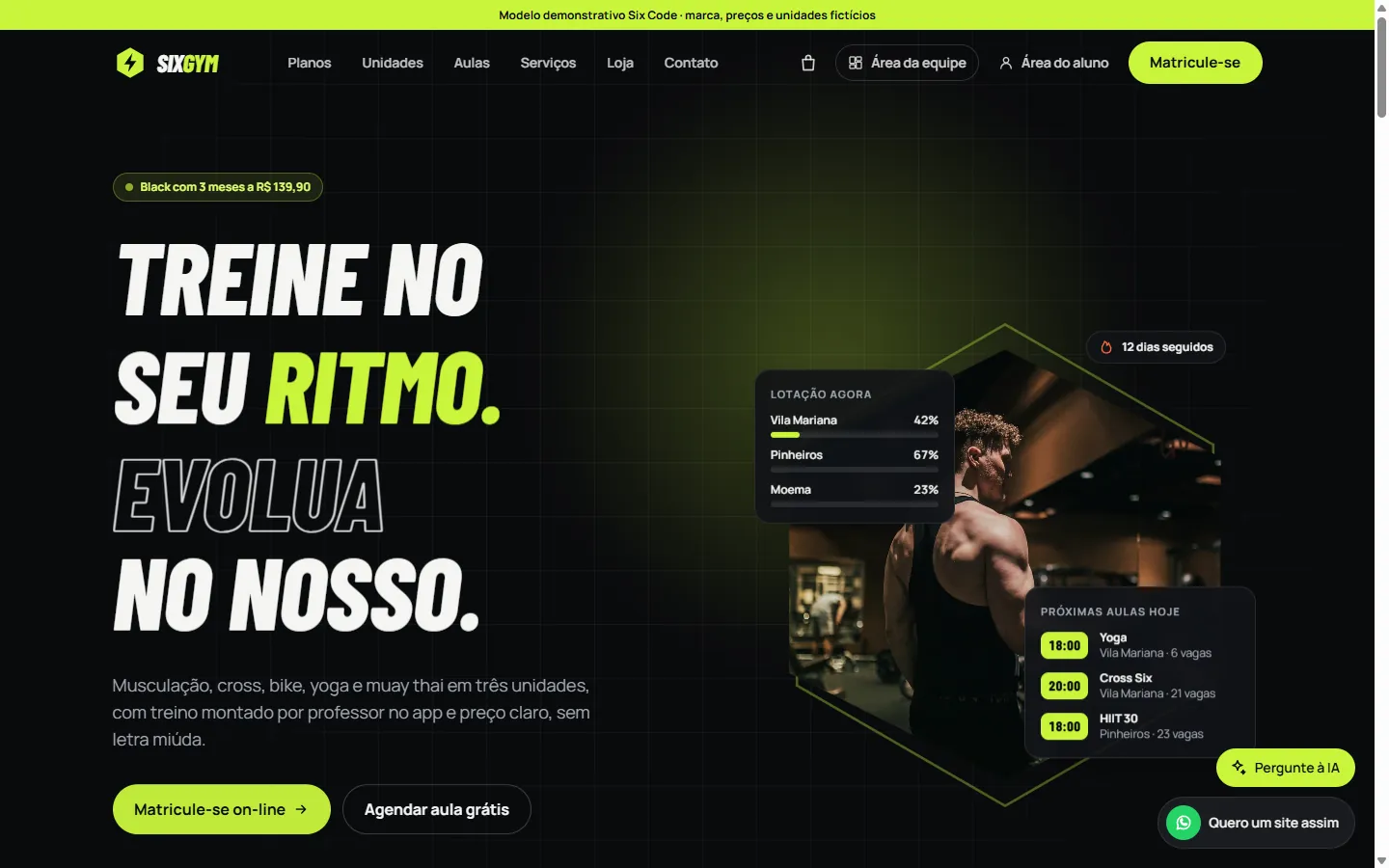 Site do modelo Six Gym