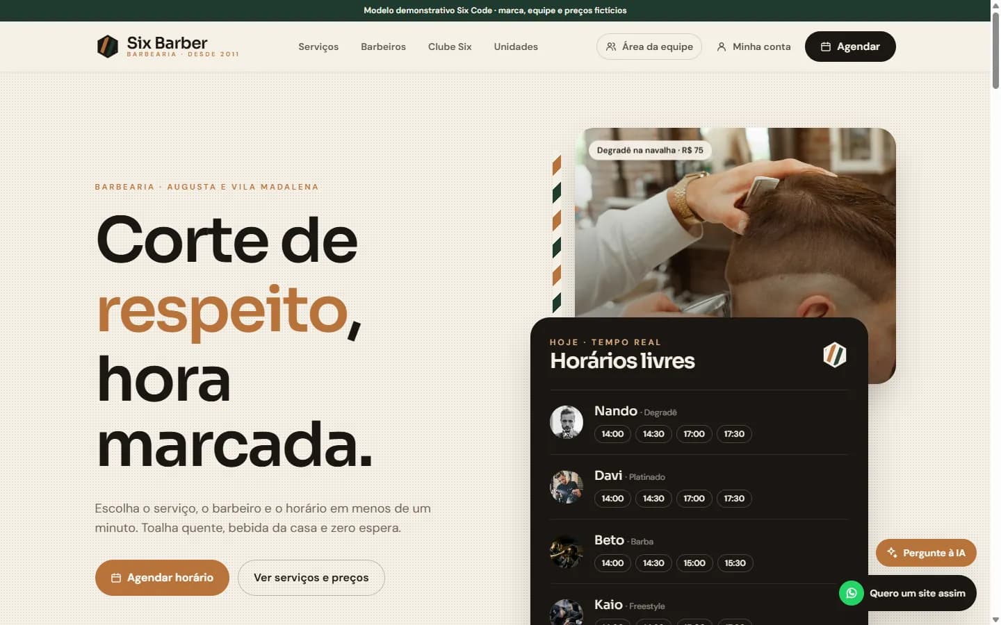 Site do modelo Six Barber